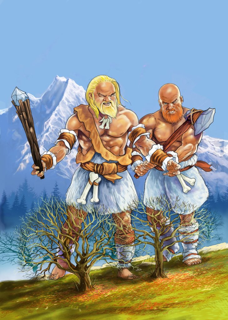 Two muscular prehistoric warriors standing on a grassy hillside, holding weapons. They are dressed in fur and bone accessories, with a mountainous landscape in the background. The sky is clear and blue.